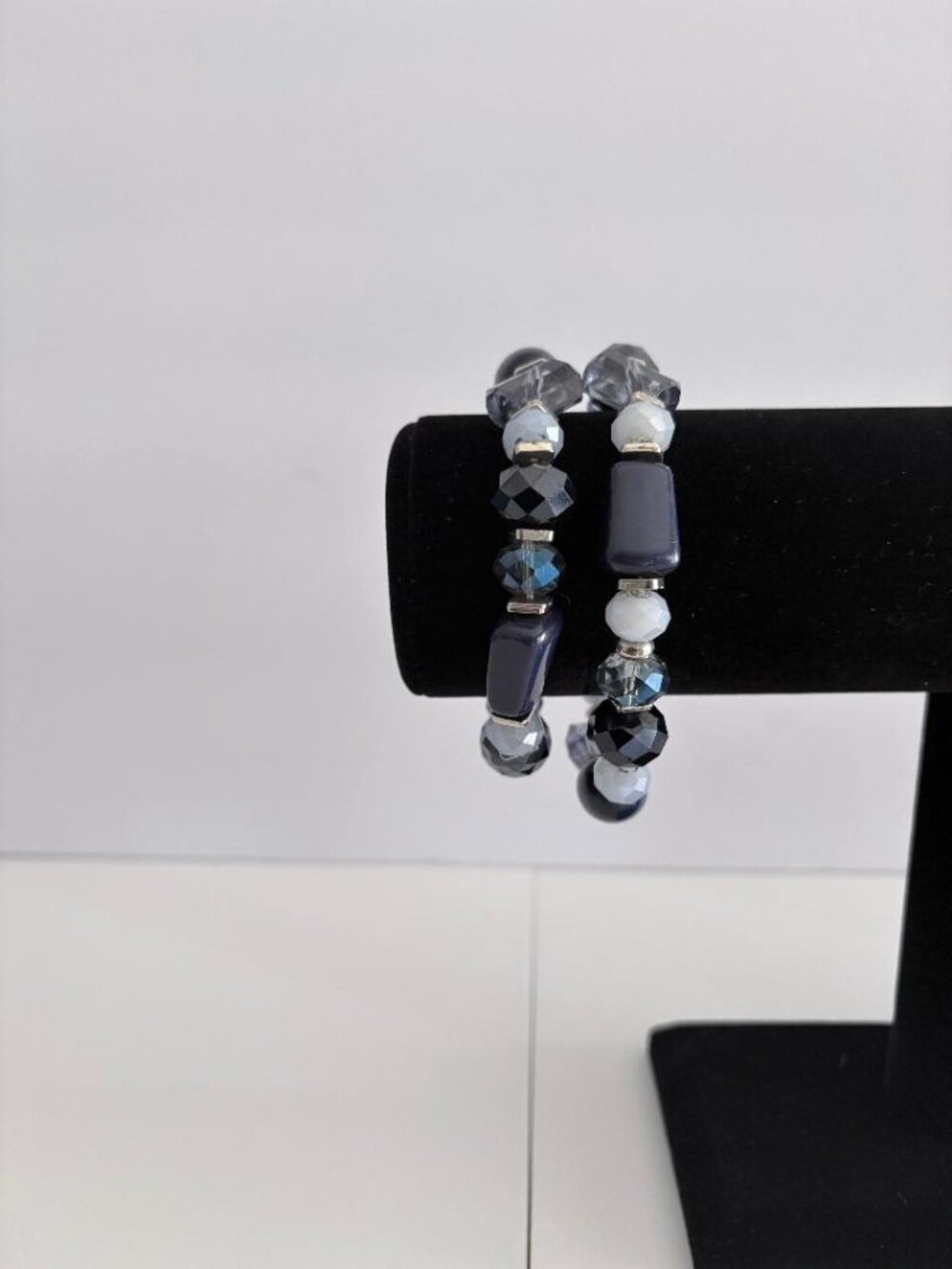 Navy Blue Crystal Stretch Bracelet Set 2-Strand Beaded Silver Tone Boho Chic